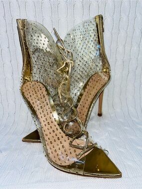 Gianvito Rossi Elly 105 PVC/Leather Booties Heels Lace Up Gold/Clear EUC SZ 10